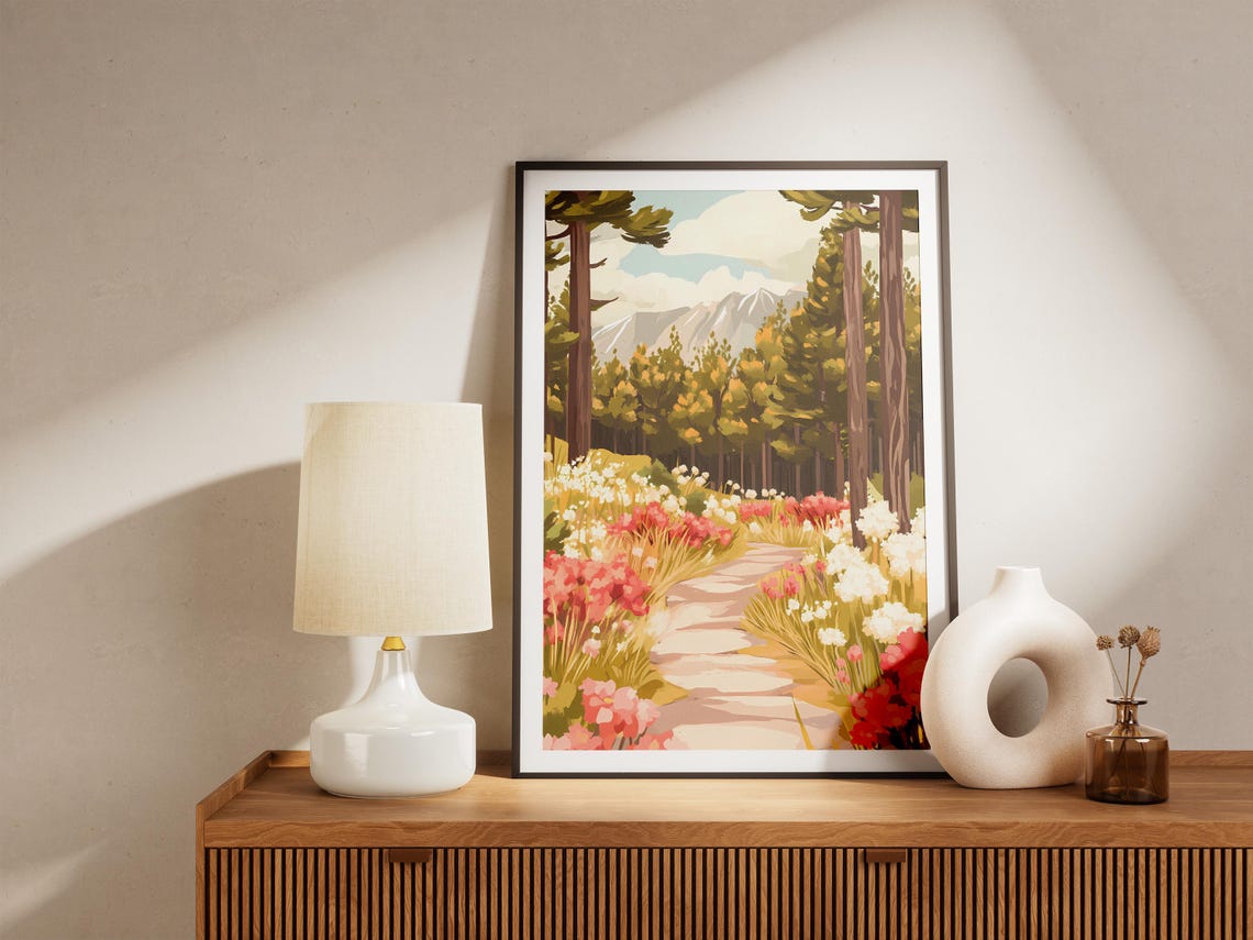 Pink Wildflower Forest Trail Between Tall Green Pine Trees Poster - Image 5
