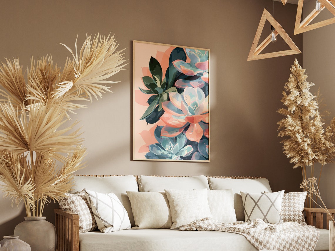 Pastel Succulent Plants Pink and Teal Minimalist Botanical Wall Poster - Image 3
