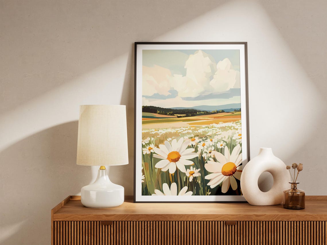 White Daisy Field Golden Farmland Forest Horizon Spring Art Poster - Image 5