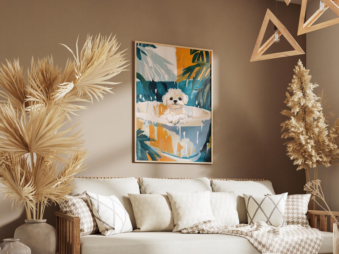 Maltese Puppy Outdoor Bubble Bath Tropical Palm Scene Poster - Image 3