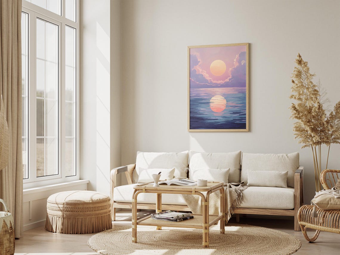 Pastel Purple Sunset Over Ocean With Sun Reflection Artwork Poster - Image 4
