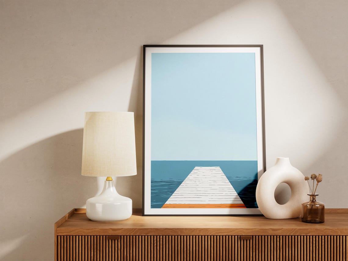 Minimalist Ocean Pier White Wooden Dock Calm Blue Sea Art Wall Poster - Image 5