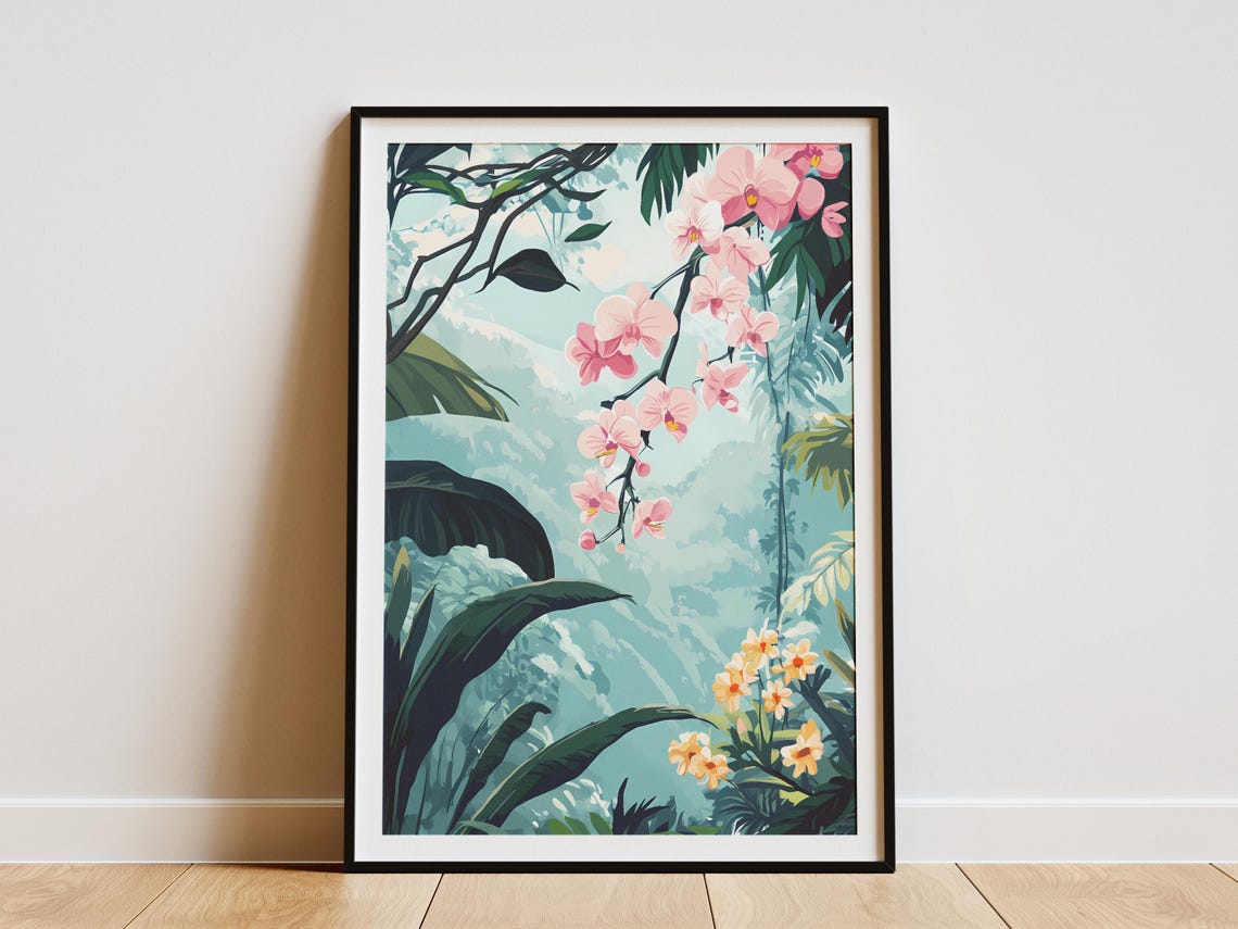 Pink Orchid Rainforest Jungle Tropical Floral Mist Illustration Poster