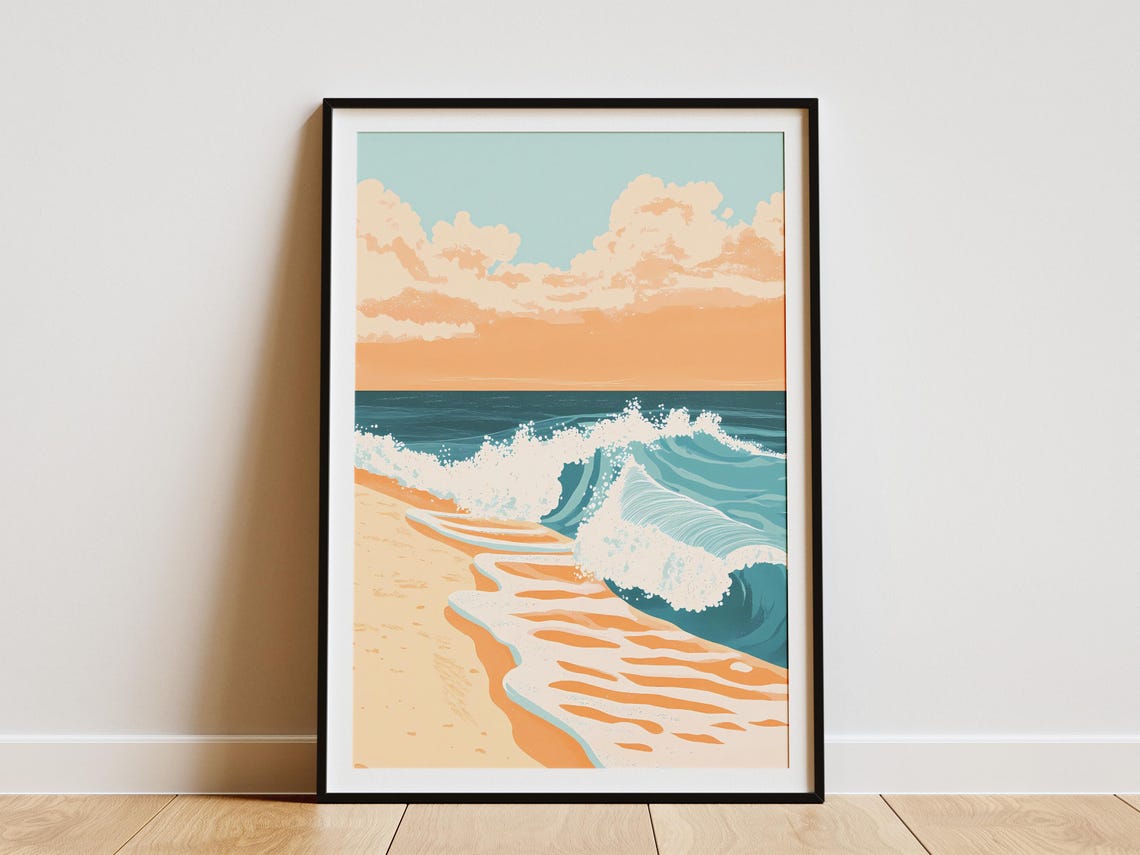Curling Teal Wave and White Seafoam on Golden Sand Beach Poster