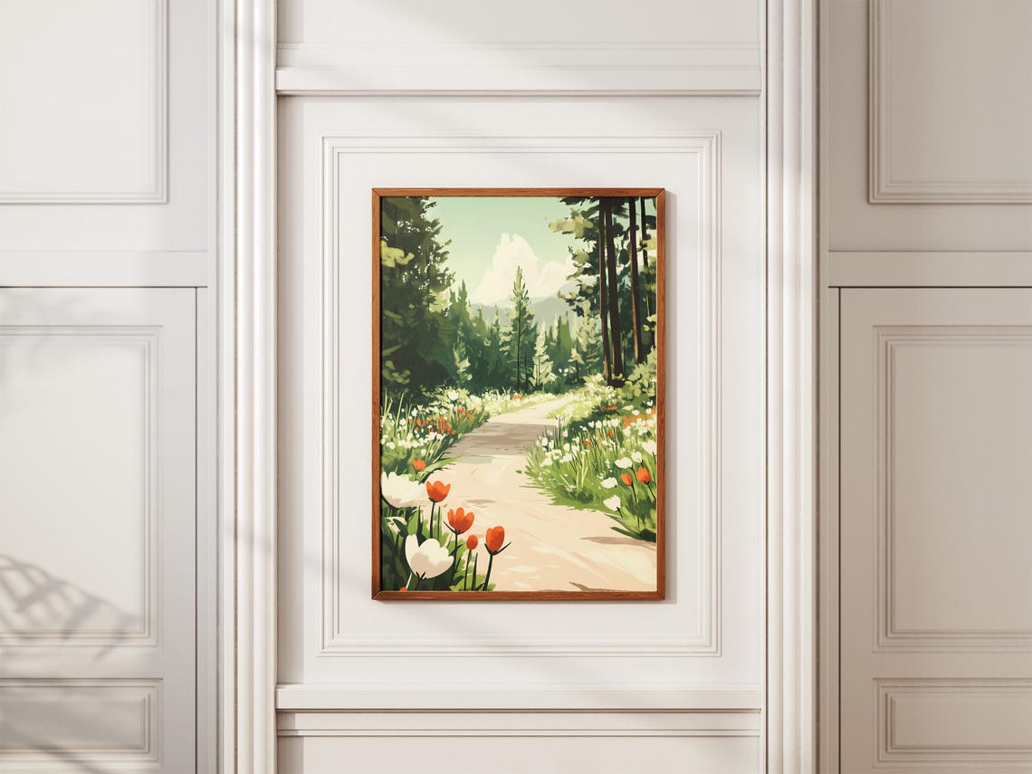 Forest Road Lined With Red Tulips And White Wildflowers Poster - Image 2