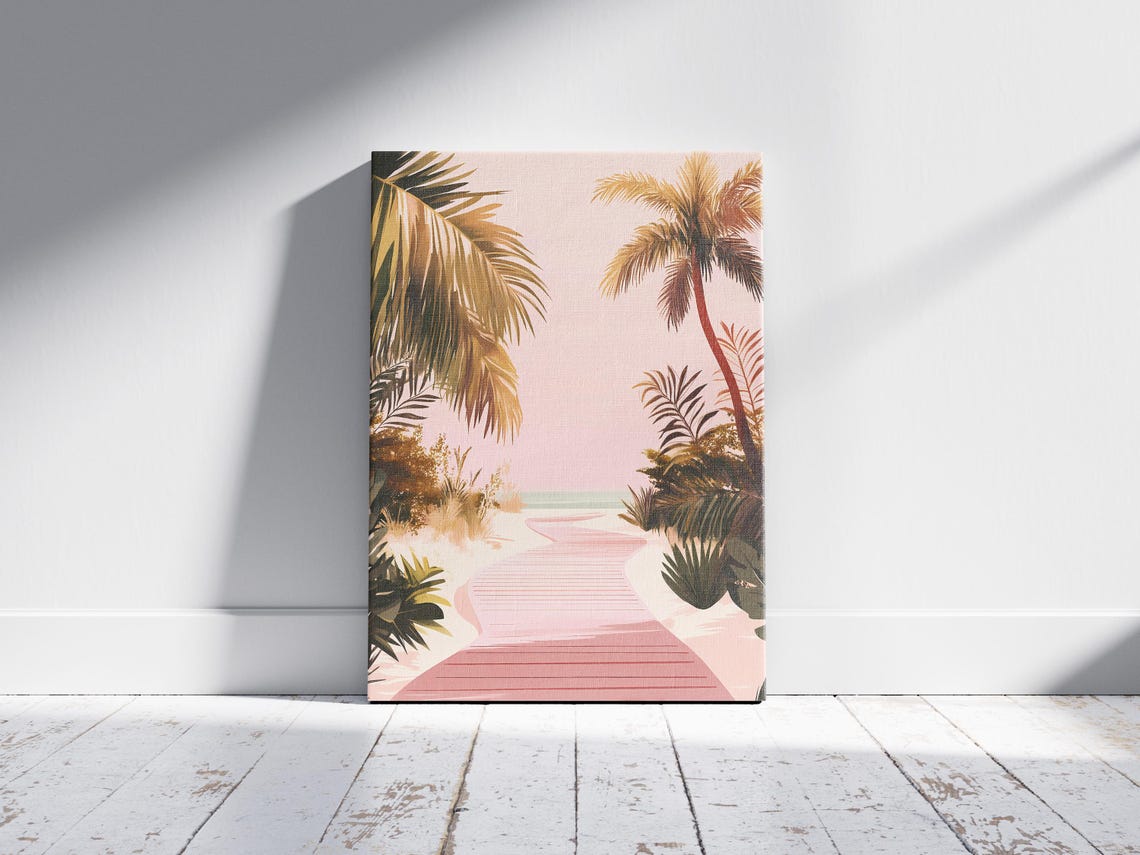 Pink Boardwalk Through Palm Trees to the Sea Sunset Coastal Wall Art - Image 2