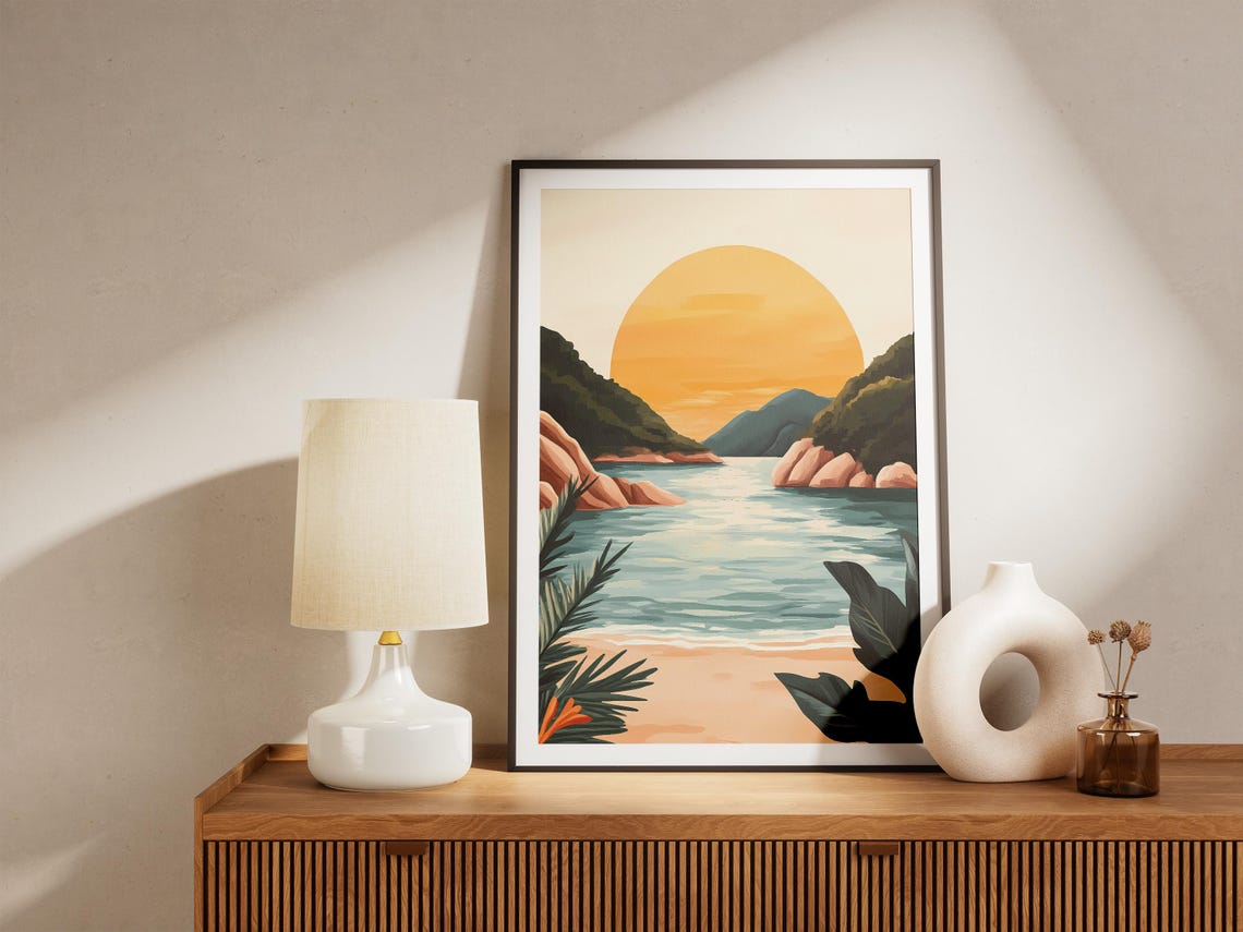 Golden Sunset Over Tropical Bay Beach Minimalist Coastal Poster - Image 5