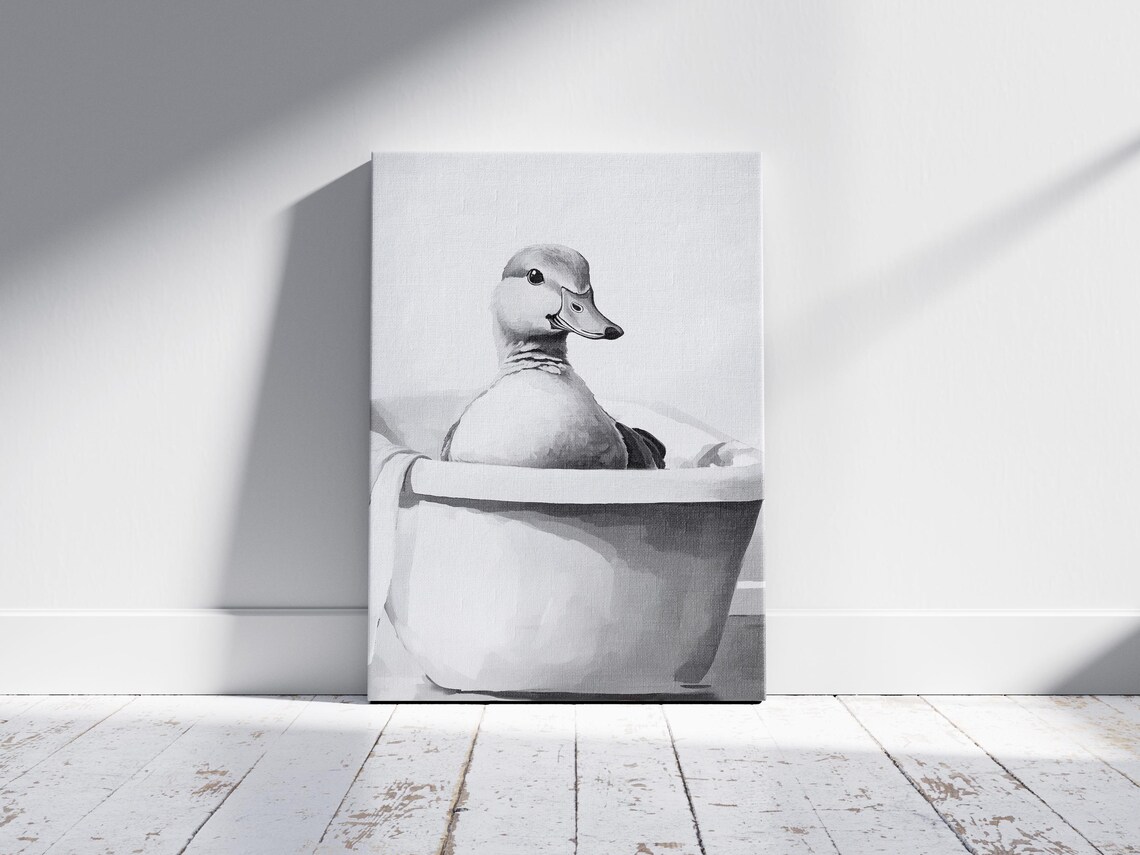 Duck In Bathtub Poster Black And White Funny Animal Bathroom Decor - Image 2