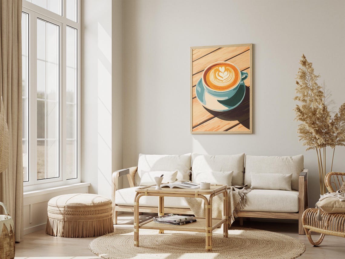 Morning Heart Latte Art Teal Cup Sunlit Wooden Table Coffee Poster - Image 4