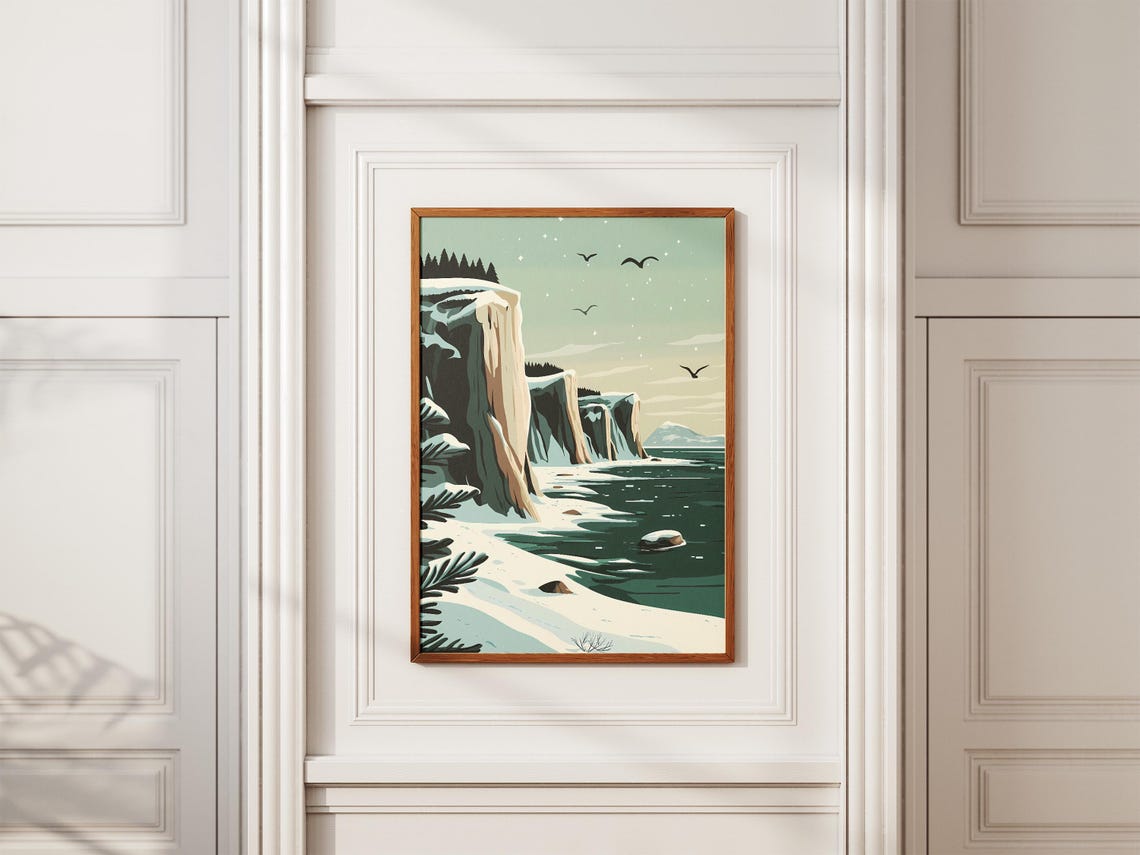 Snowy Coastal Cliffs And Frozen Waterfall Winter Seascape Poster - Image 2