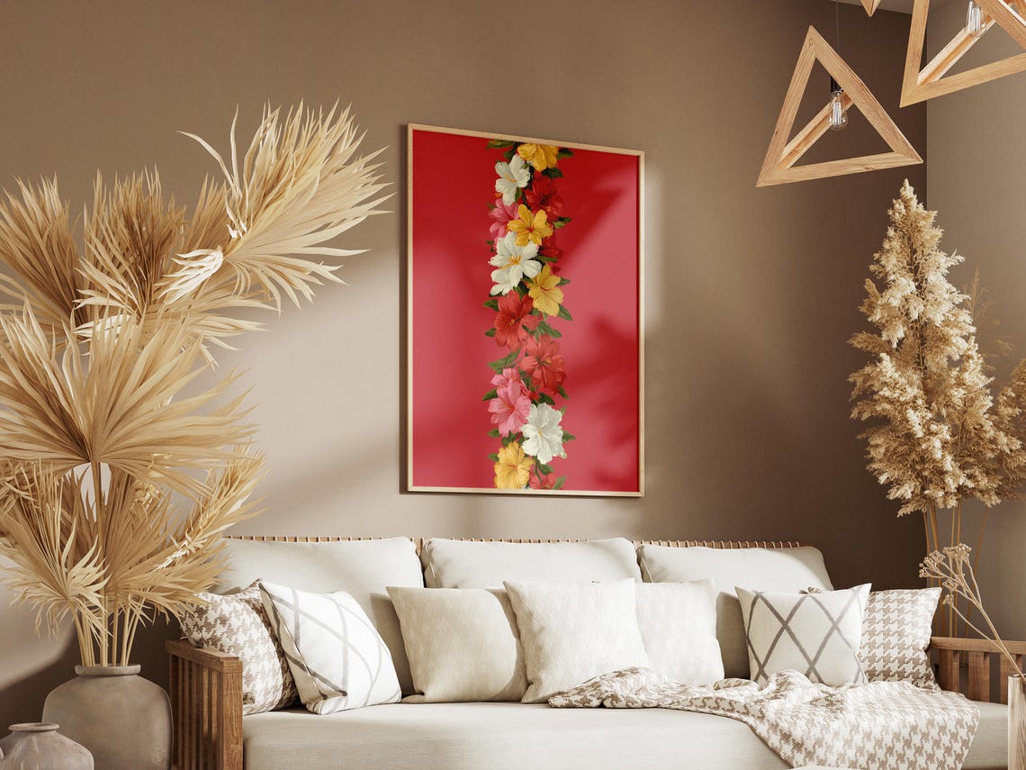 Hawaiian Hibiscus Lei Flower Garland On Bold Red Background Poster - Image 3