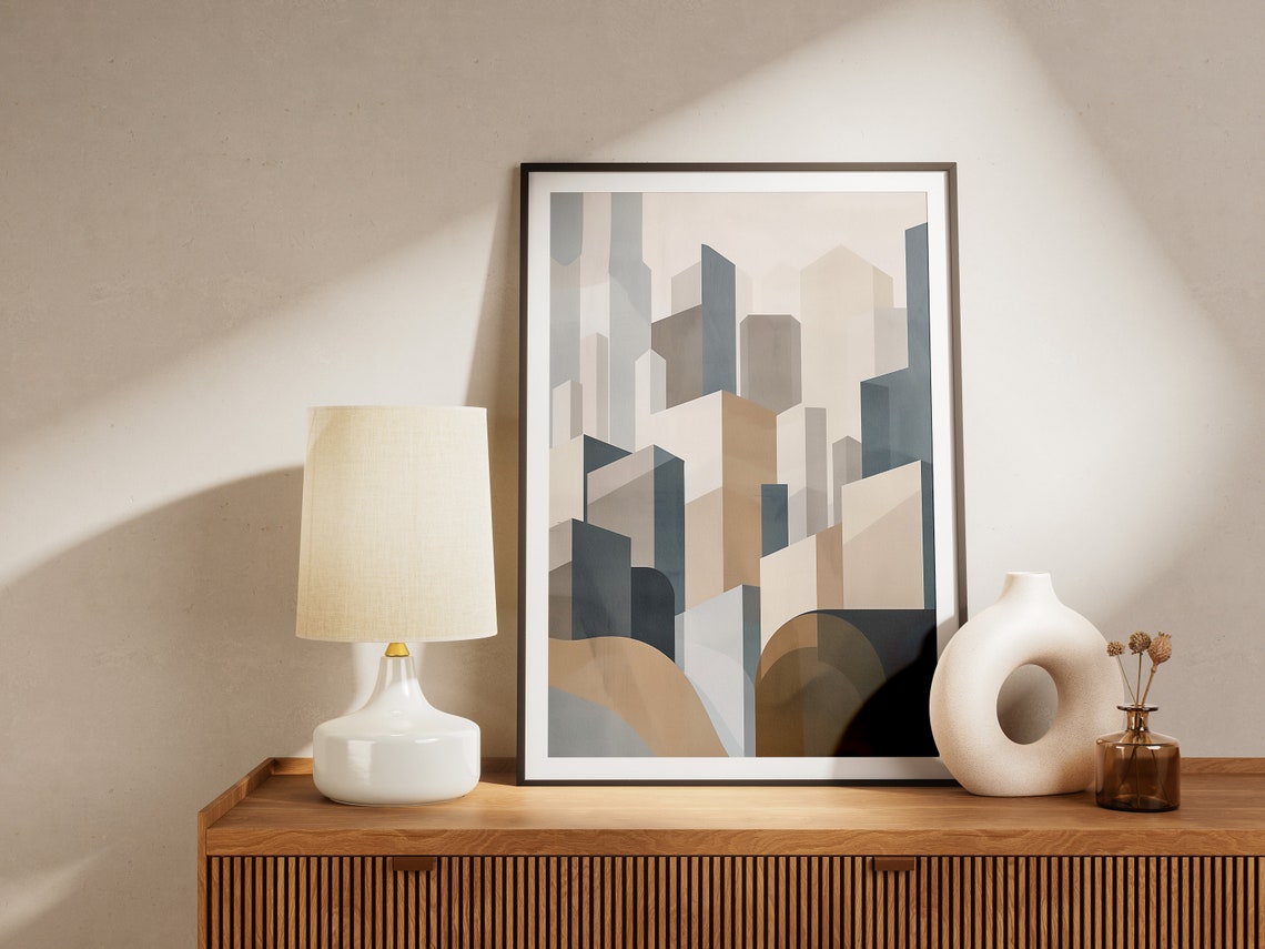 Abstract Geometric Cityscape Towers Beige Blue Modern Art Poster - Image 2