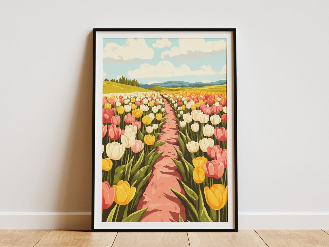 Tulip Field Rows Pink Path Spring Bloom Joyful Flower Poster
