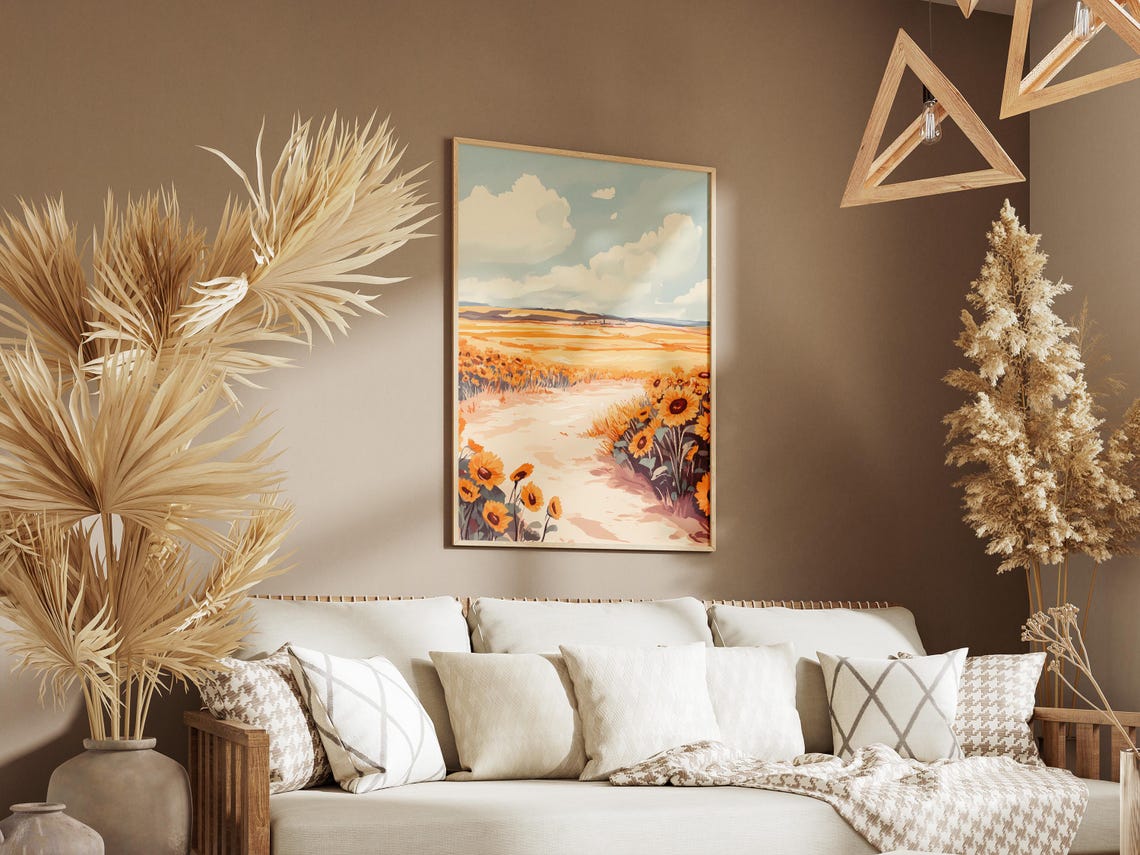 Sunflower Path Crossing Open Golden Field Under Cloudy Sky Poster - Image 3