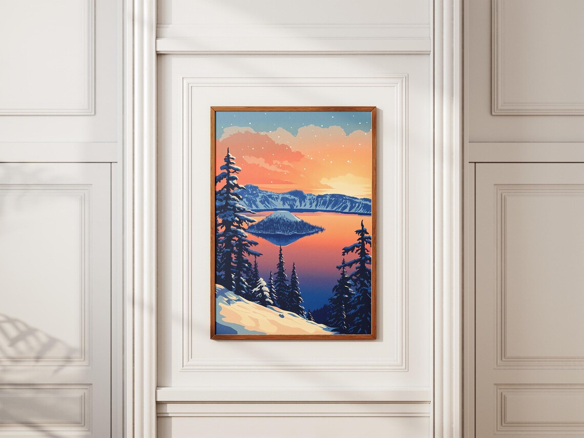 Crater Lake National Park Poster Oregon Winter Landscape Print Vintage Travel Poster Festive Holiday Decor Snow Covered Trees Lake Art - Image 2