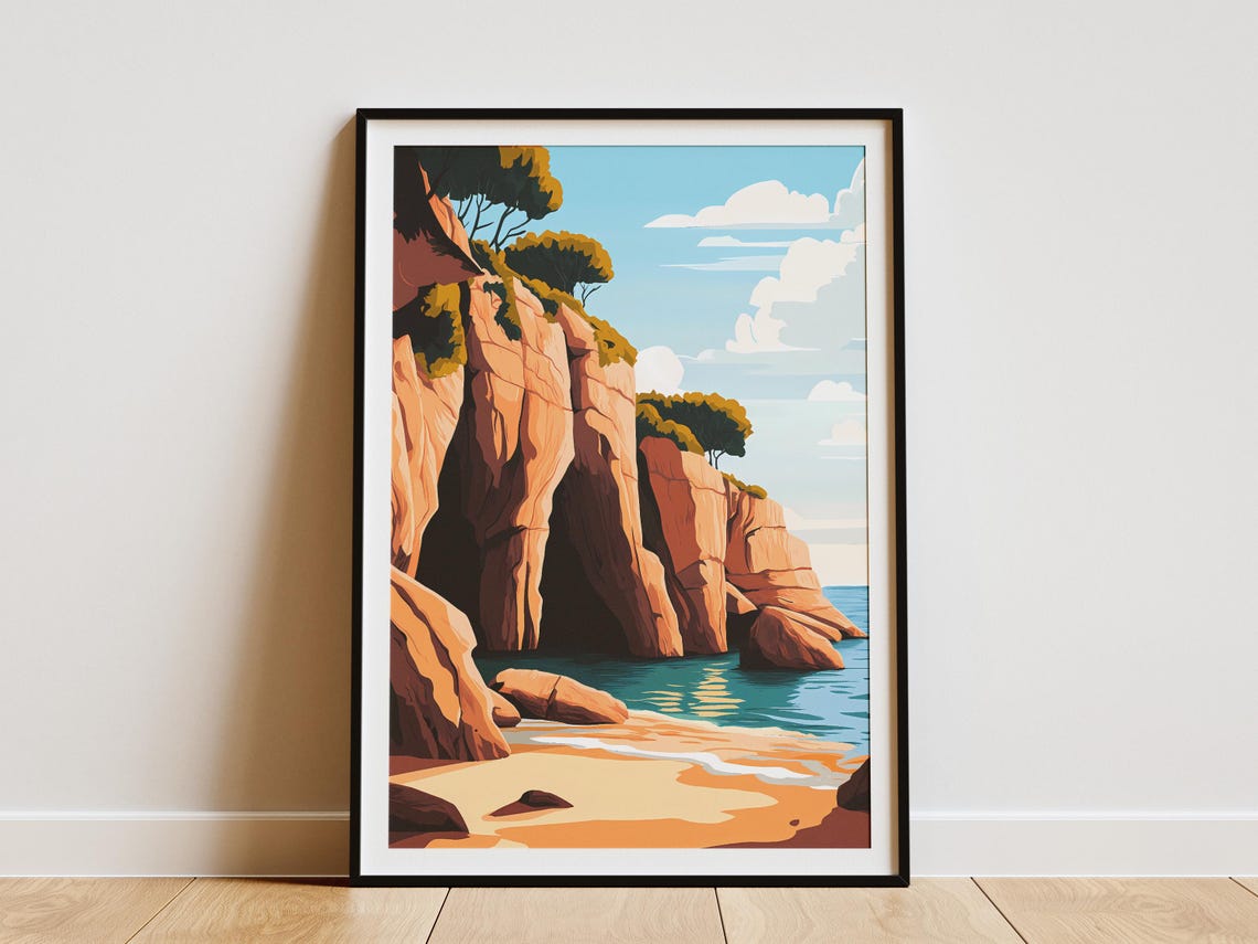 Sea Cave Red Rock Cliffs Coastal Beach Summer Illustration Poster