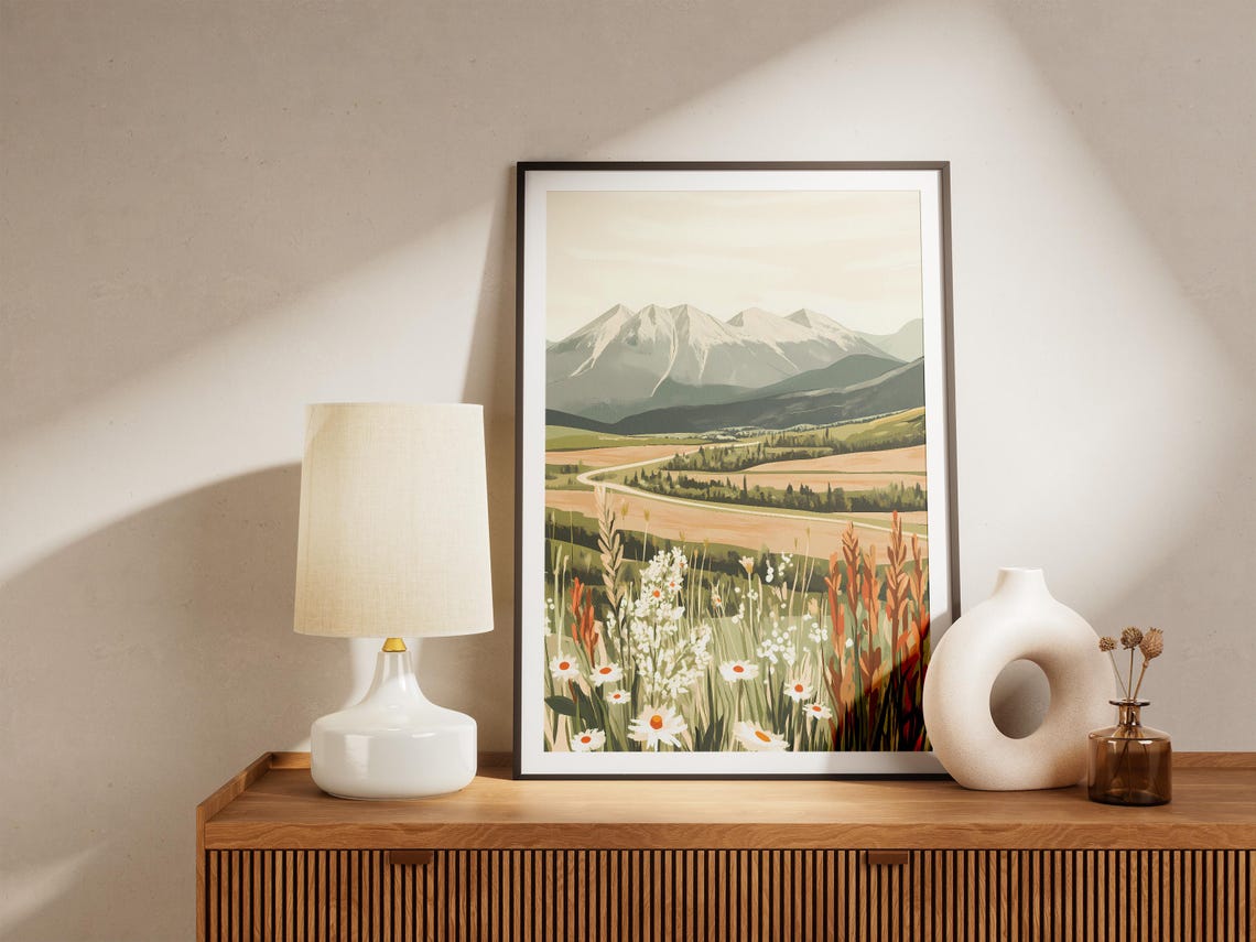 Snowy Mountain Range Over Wildflower Meadow Country Vista Poster - Image 5