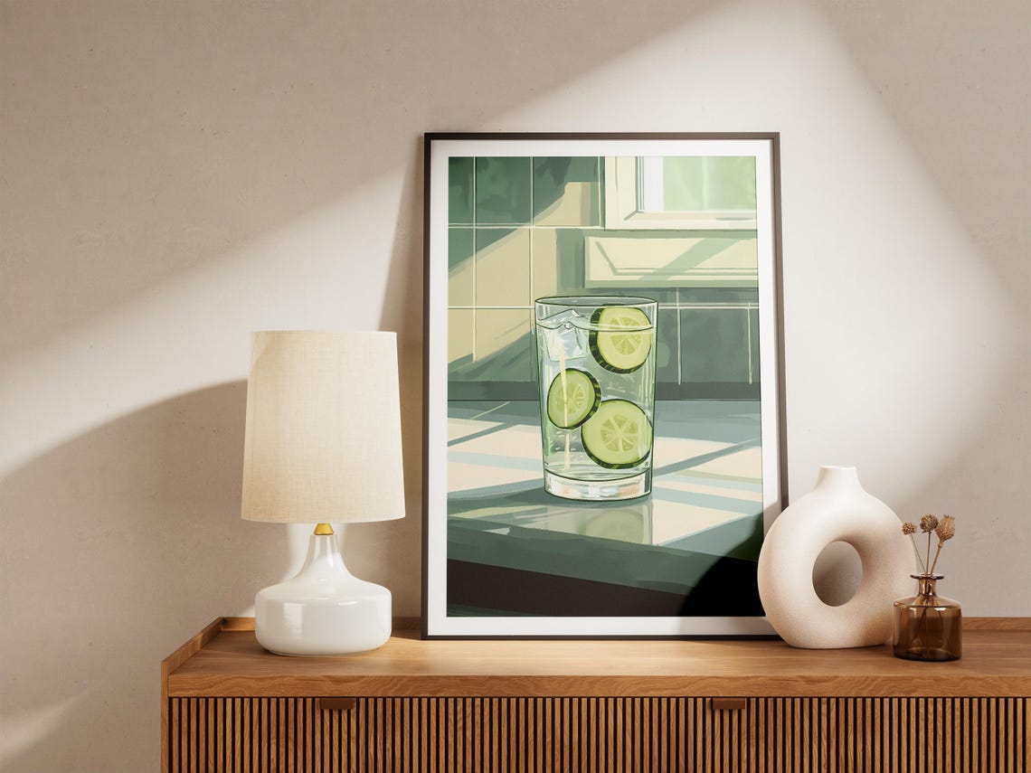 Cucumber Water Glass Fresh Slices Tiled Kitchen Still Life Poster - Image 5