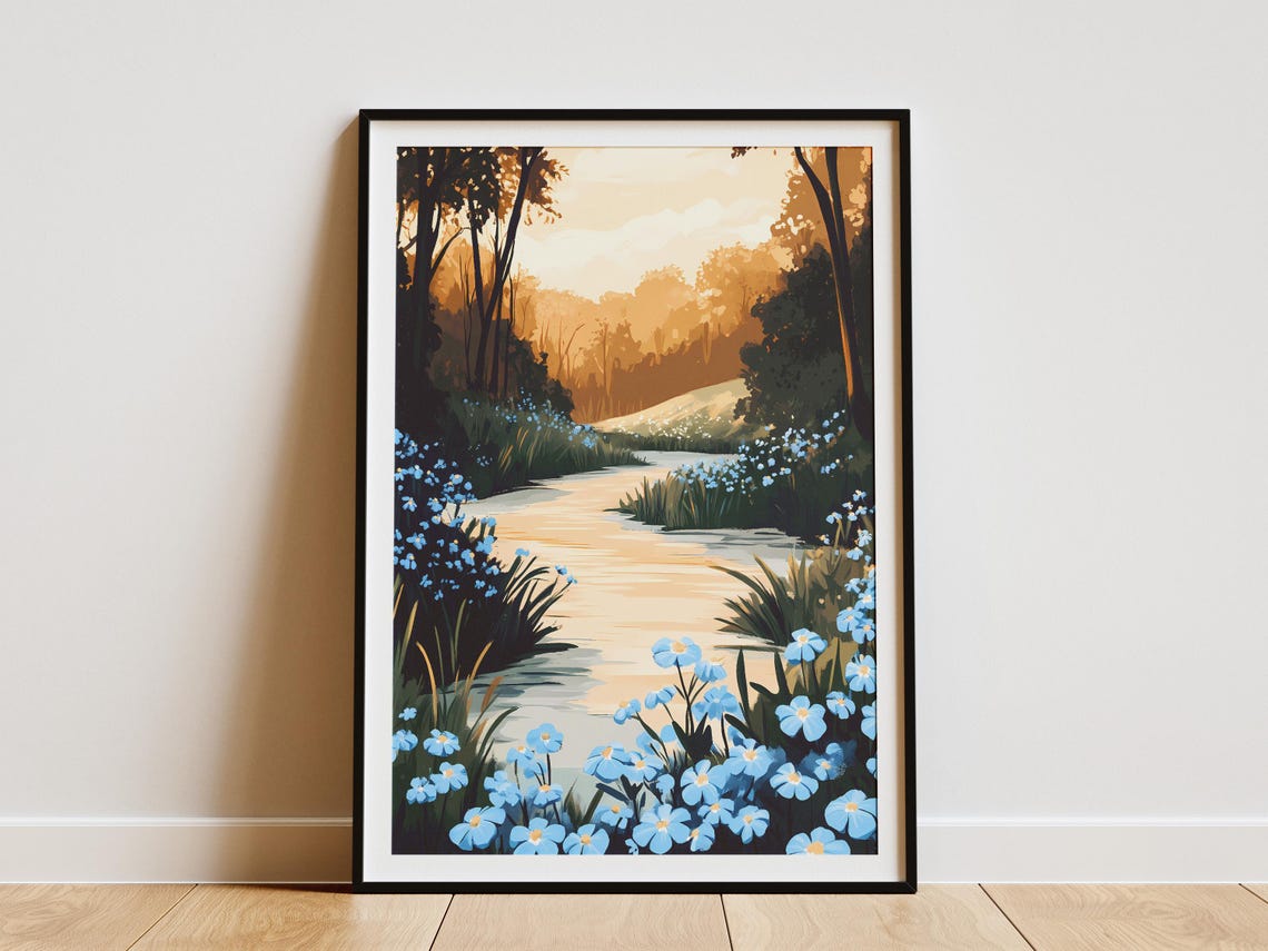 Forget Me Not Riverbank Golden Hour Stream Forest Flower Poster