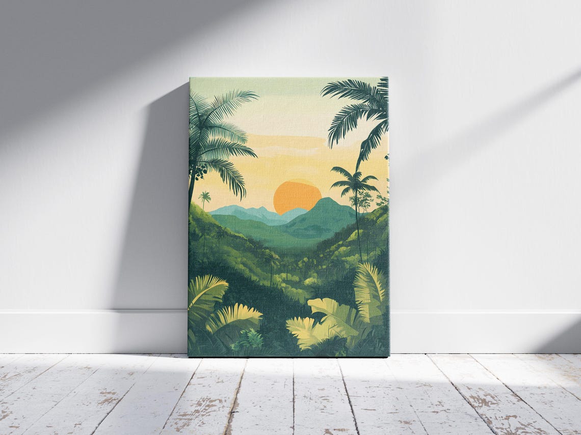 Tropical Jungle Sunrise Poster Mountain Valley Palm Wall Decor Gift - Image 2