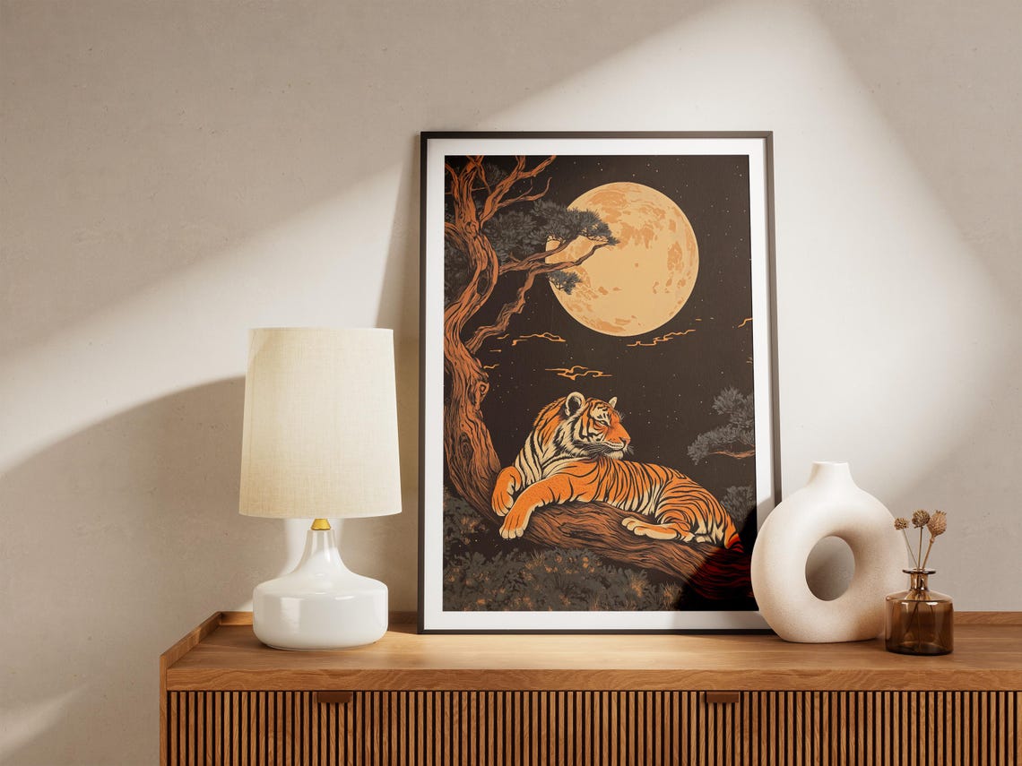 Tiger Resting on Branch Under Full Moon Traditional Chinese Art Poster - Image 5