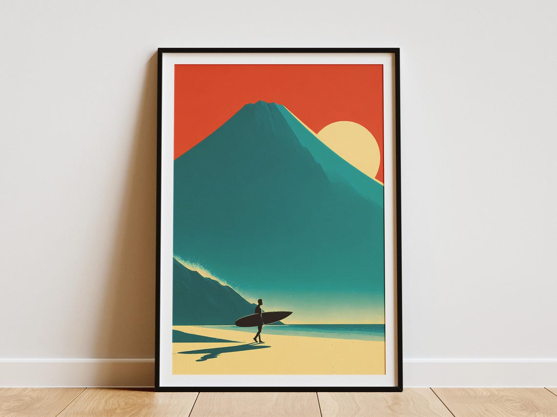 Warm Golden Big Retro Surfer Beach Walk Mountain Sunset Poster