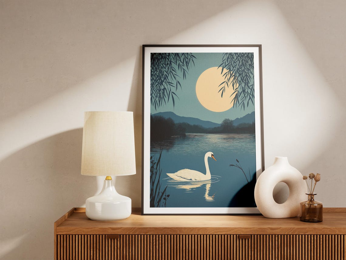 Swan Moonlit Lake Traditional Asian Style Serene Night Art Poster - Image 4