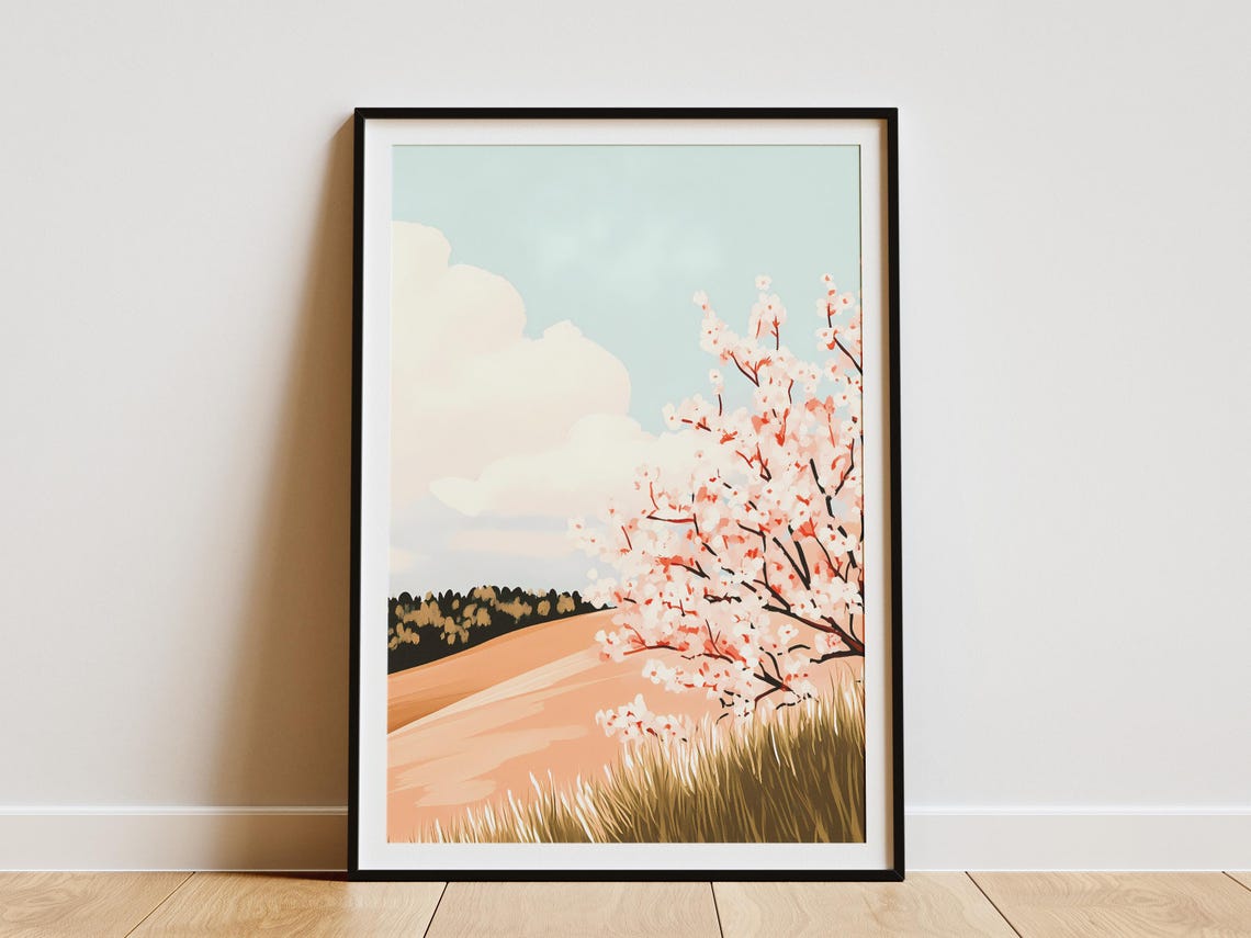 Pink Cherry Blossom Tree Over Sunlit Apricot Rolling Hills Poster