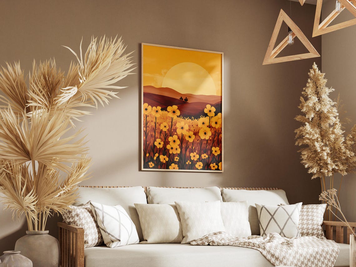 Yellow Mustard Flower Field at Sunset Poster With Big Sun Hills - Image 3