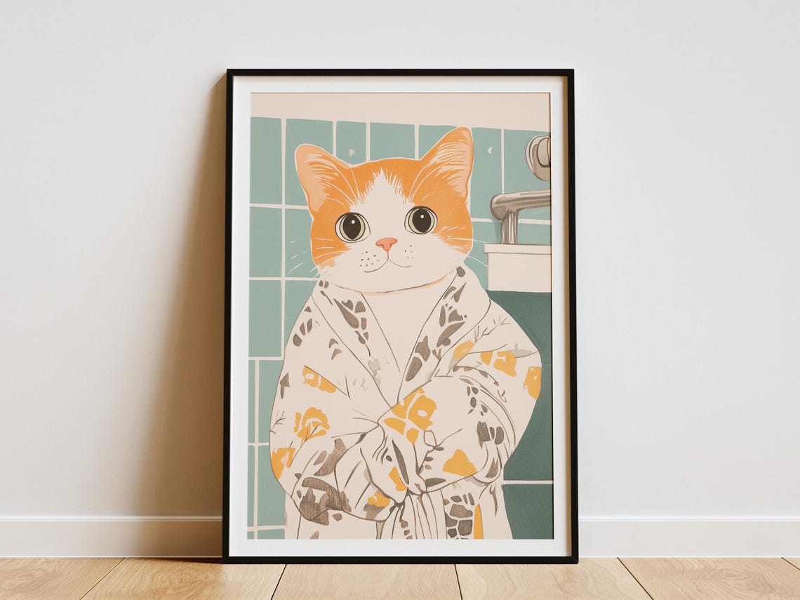 Orange Tabby Kitten in Floral Bathrobe Sweet Bathroom Art Poster