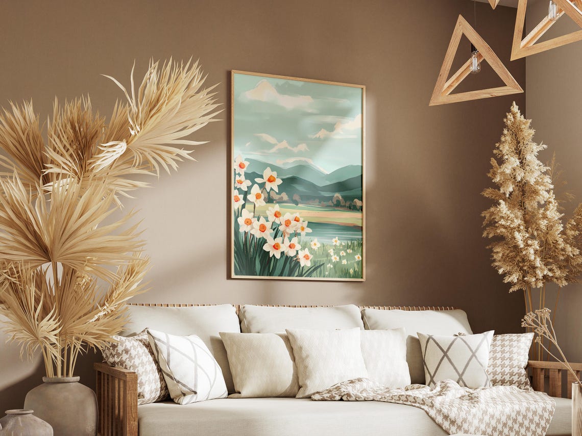 White Daffodils With Mountain Lake Behind Landscape Art Poster - Image 3
