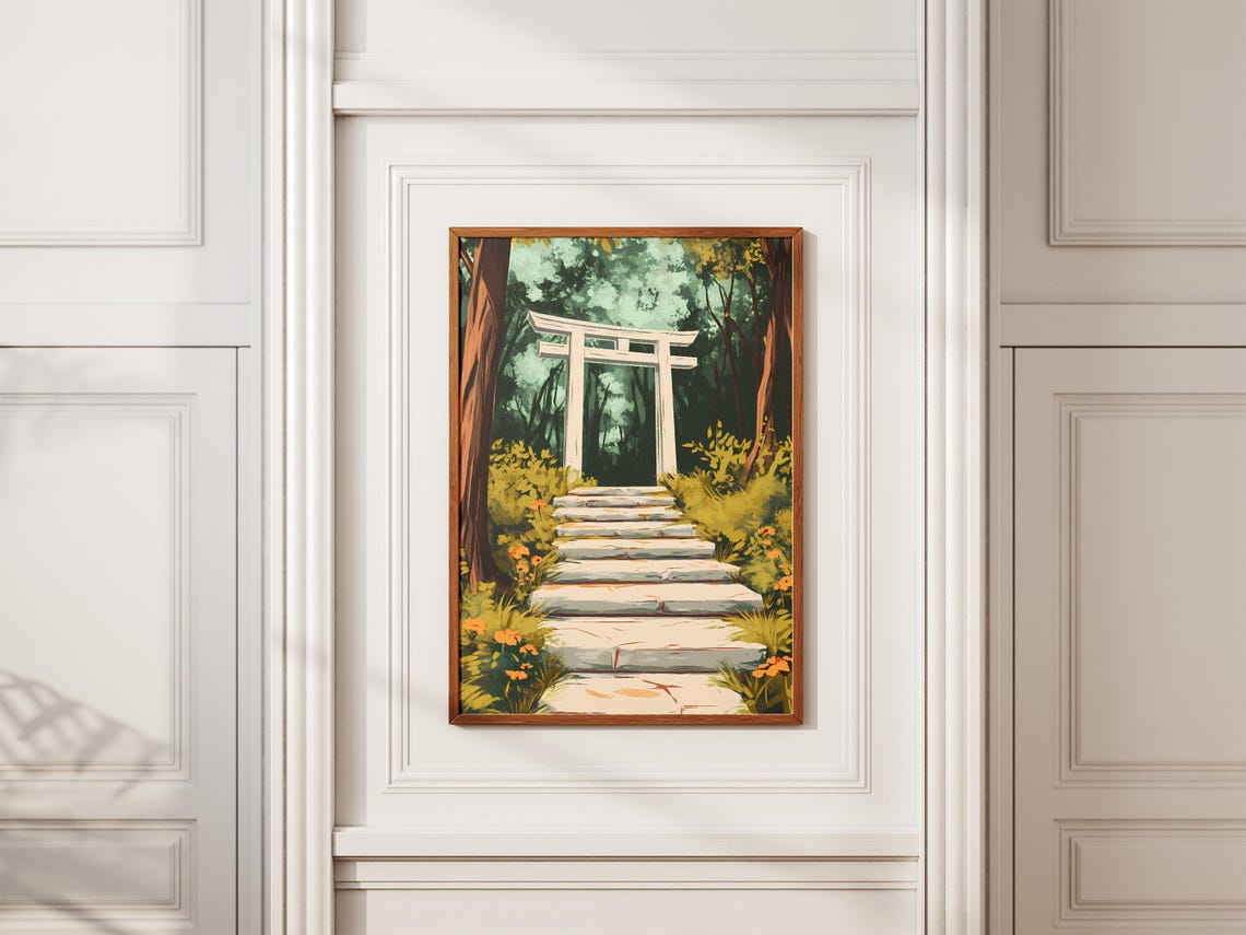 White Torii Gate Stone Steps Into Dark Forest Shrine Path Poster - Image 2