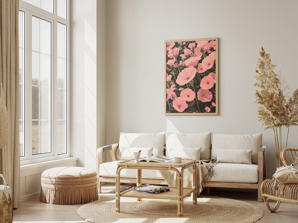 Delicate Pink Mallow Blossoms Dark Moody Botanical Floral Poster - Image 4
