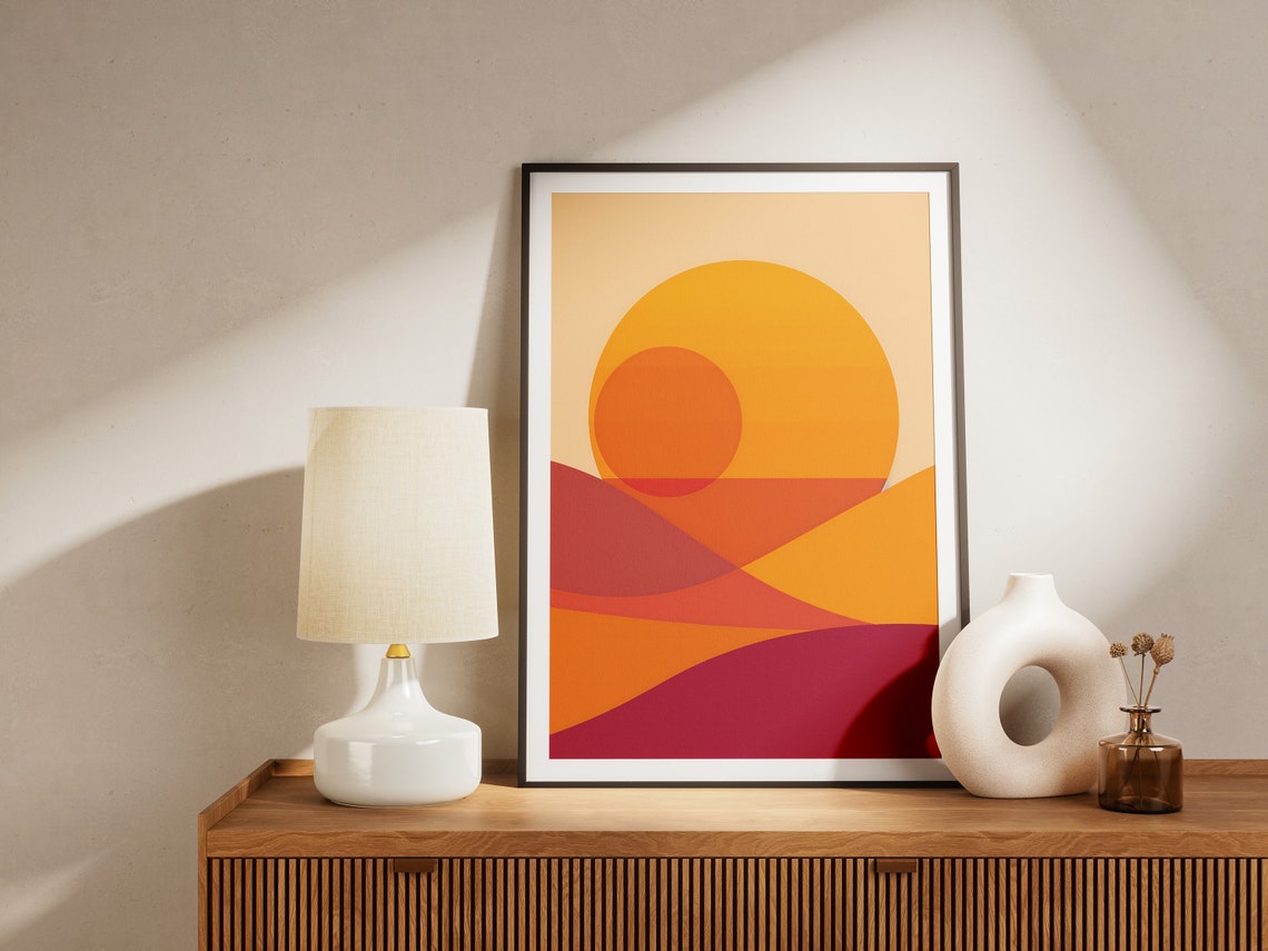 Warm Orange Sunset Over Layered Desert Hills Minimalist Art Poster - Image 2