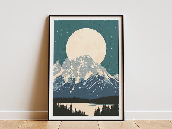 Grand Teton Wyoming Snowy Mountain Peak Full Moon Rising Travel Art Poster