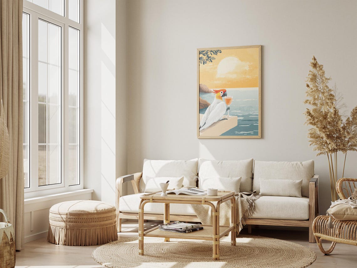 Cockatoo With a Glass of Wine at Sunset Over the Ocean Poster - Image 4