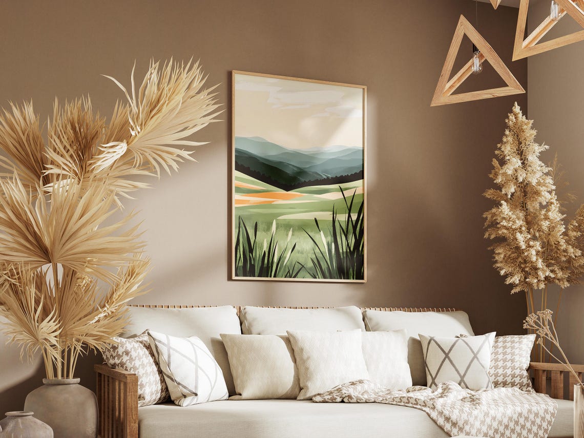 Minimalist Green Hills Meadow Wrapped in Morning Mist Poster - Image 3