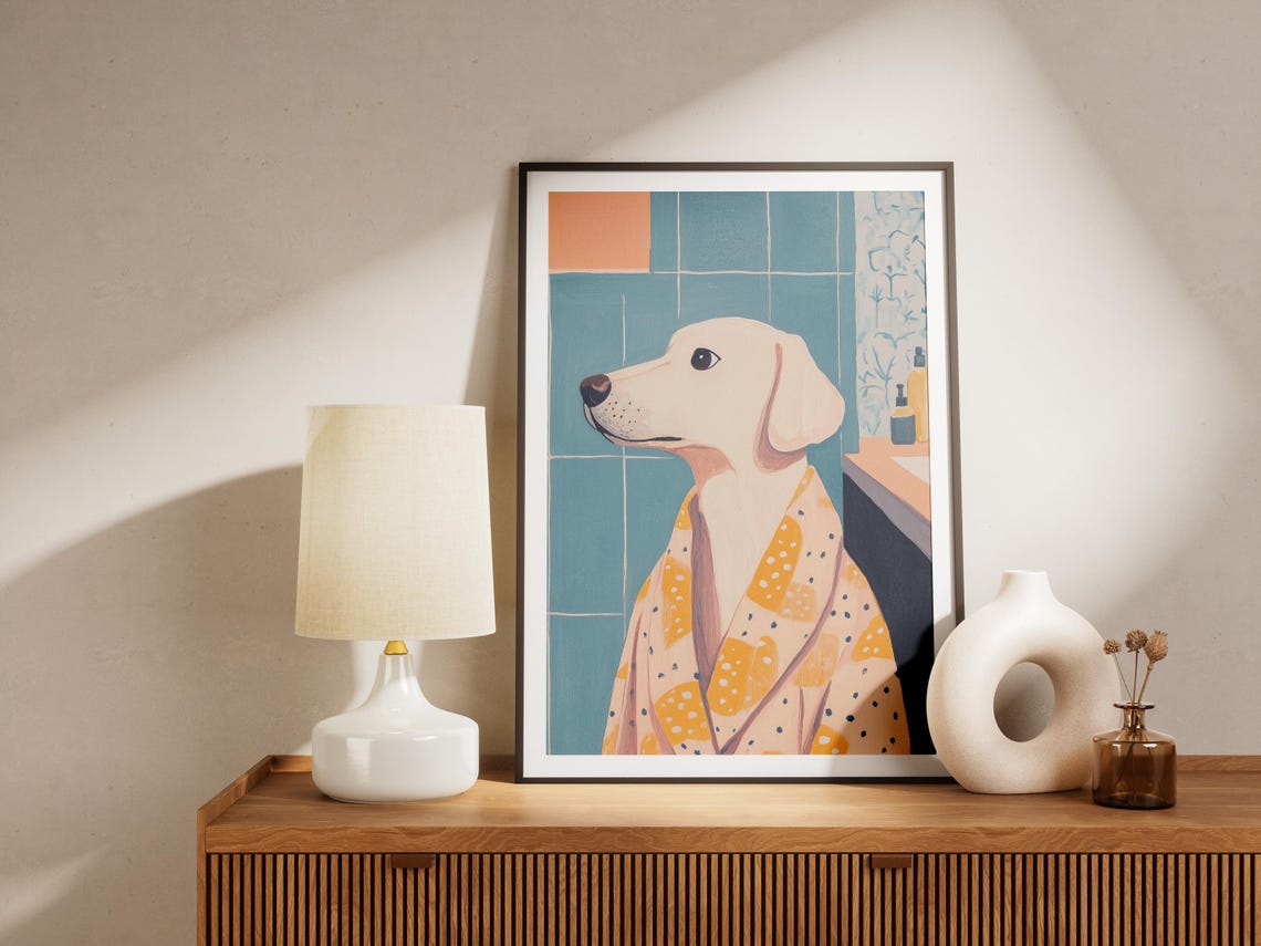 Labrador Dog Yellow Polka Dot Bathrobe Bathroom Cute Modern Art Poster - Image 4