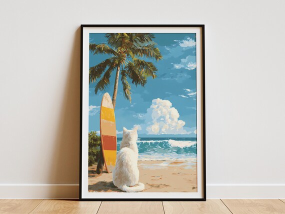 Dreamy White Cat Beach Surfboard Palm Tree Ocean Gaze Poster