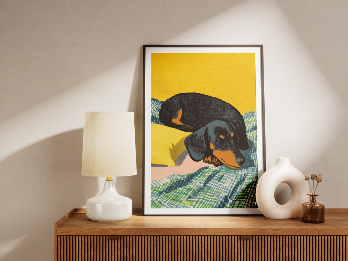 Dachshund Sleeping on Yellow Pillow Matisse Style Gouache Poster - Image 4