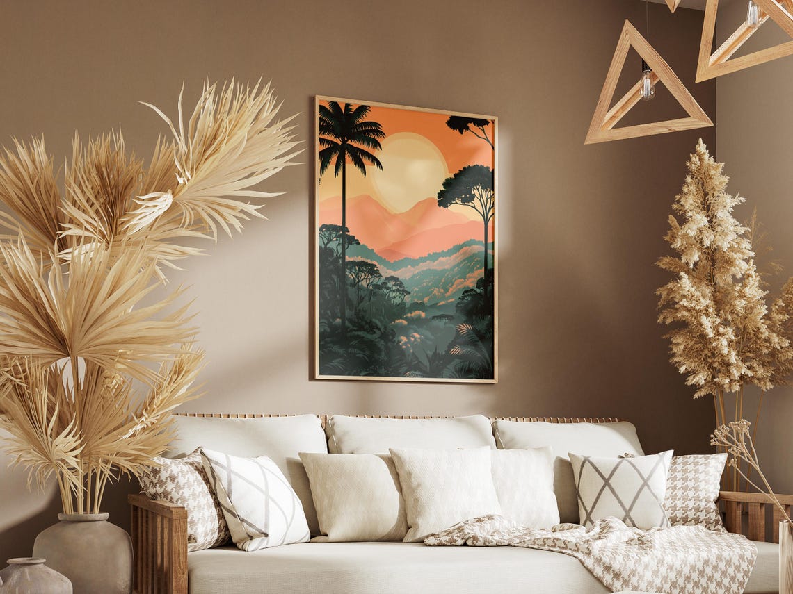 African Jungle Sunset Palm Silhouette Mountains Landscape Poster - Image 3