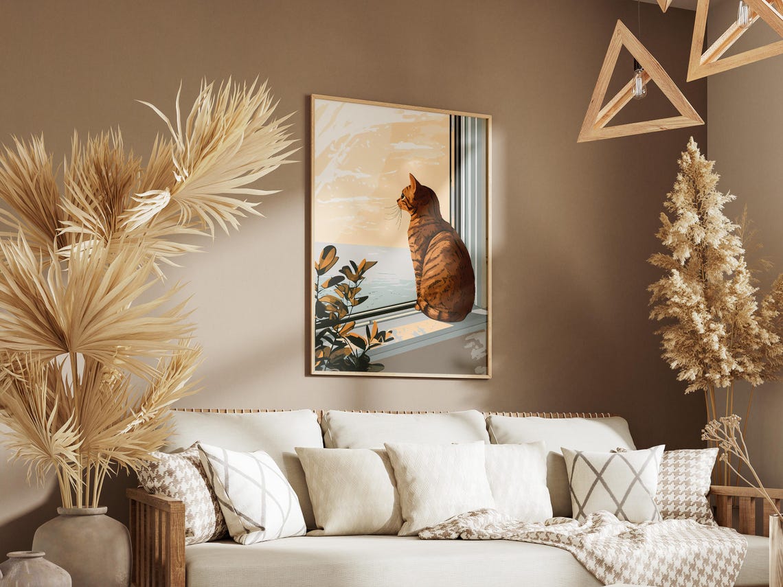 Orange Tabby Cat Gazing Out a Golden Sunset Ocean Window Poster - Image 3