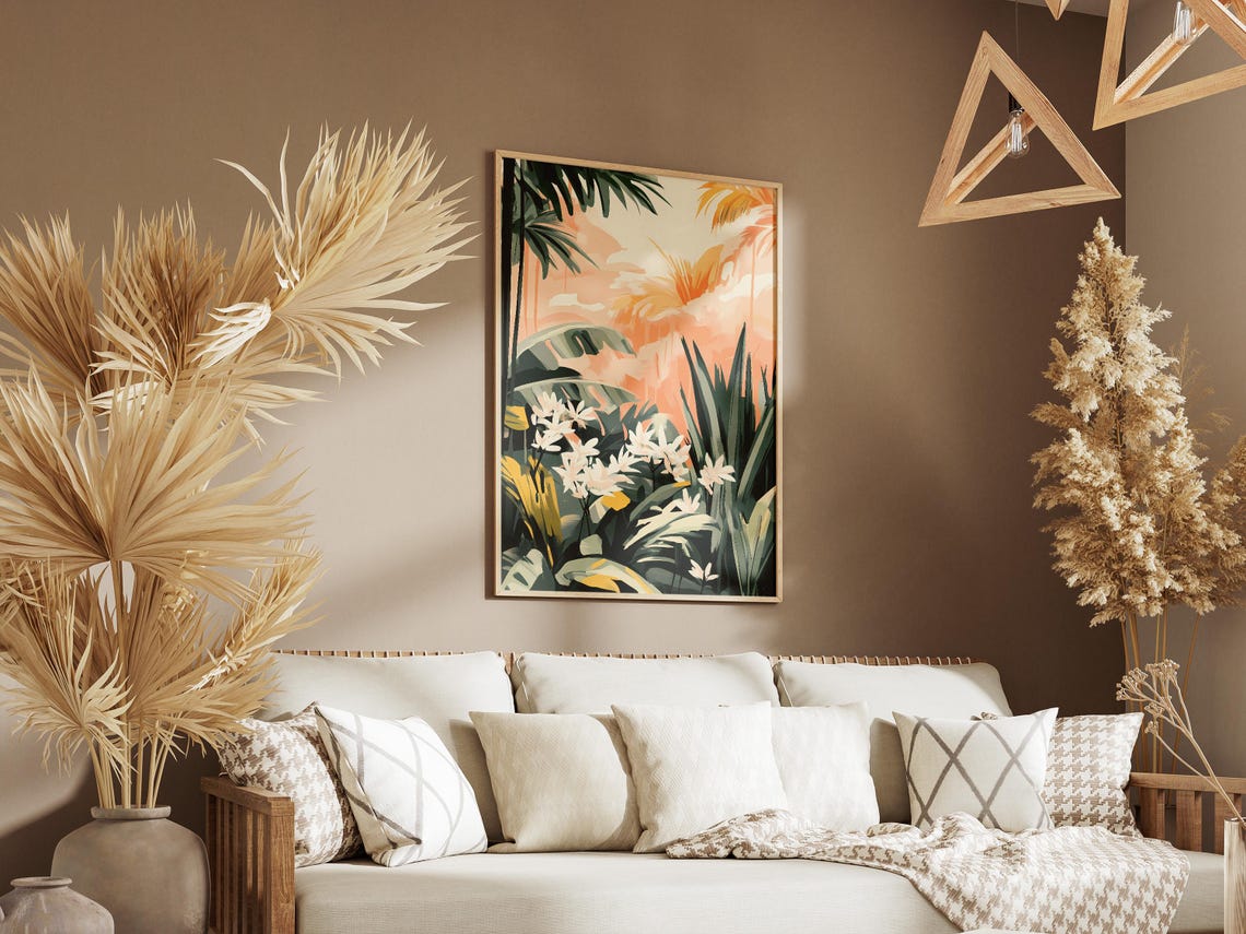 Tropical Palm Leaves And White Flowers Sunset Botanical Poster - Image 3