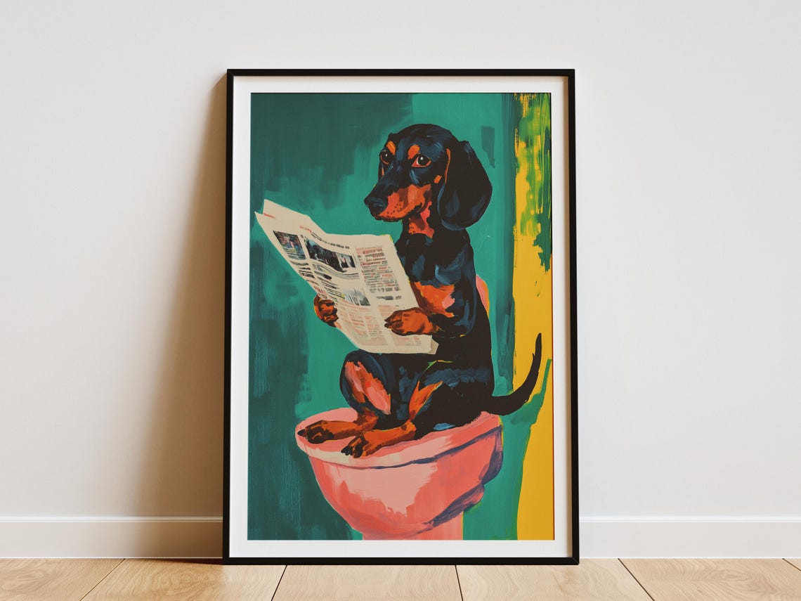 Painting Dachshund Dog Art Print Funny Dog On Toilet Poster Modern Dog Wall Decor Bathroom Decor Dog Lover Gift Wiener Dog Art Cute
