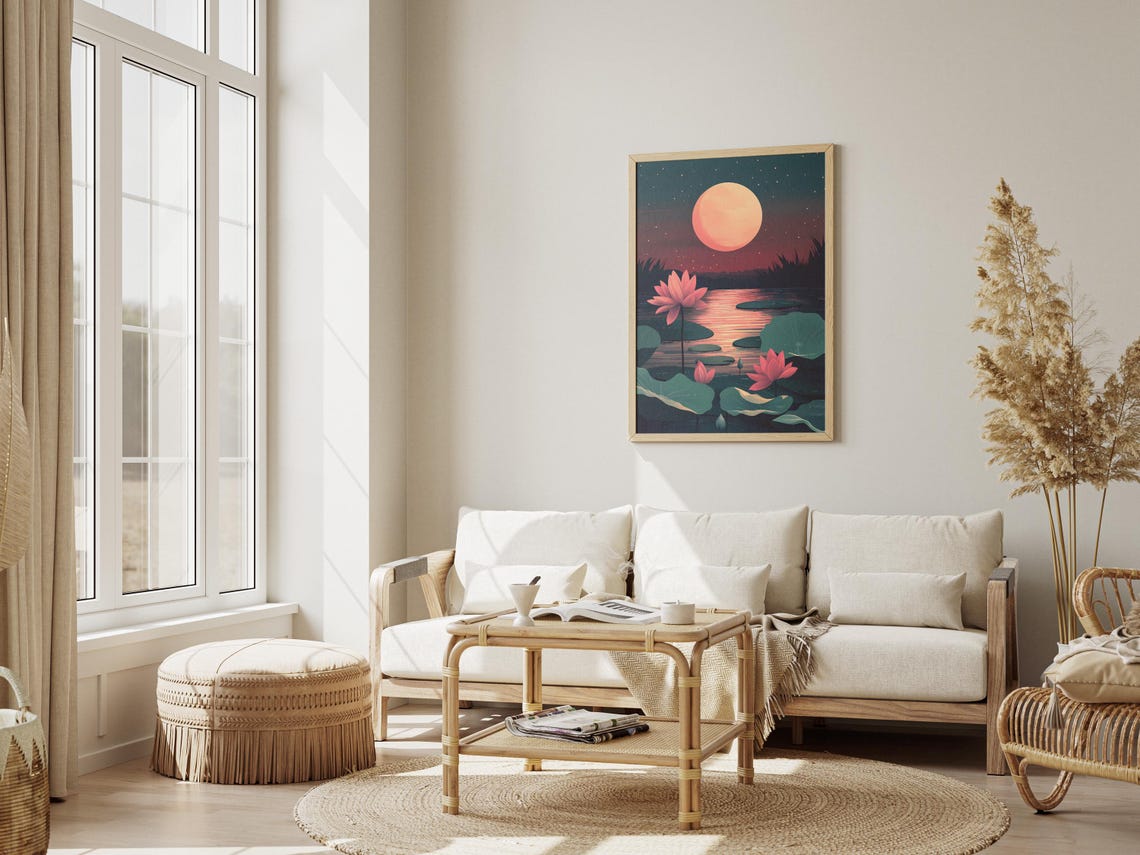 Full Moon Lotus Pond Night Pink Blossoms Zen Botanical Art Poster - Image 3
