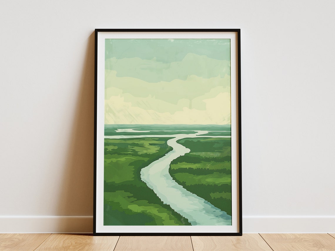 Winding River Through Rolling Green Plains Aerial Landscape Poster