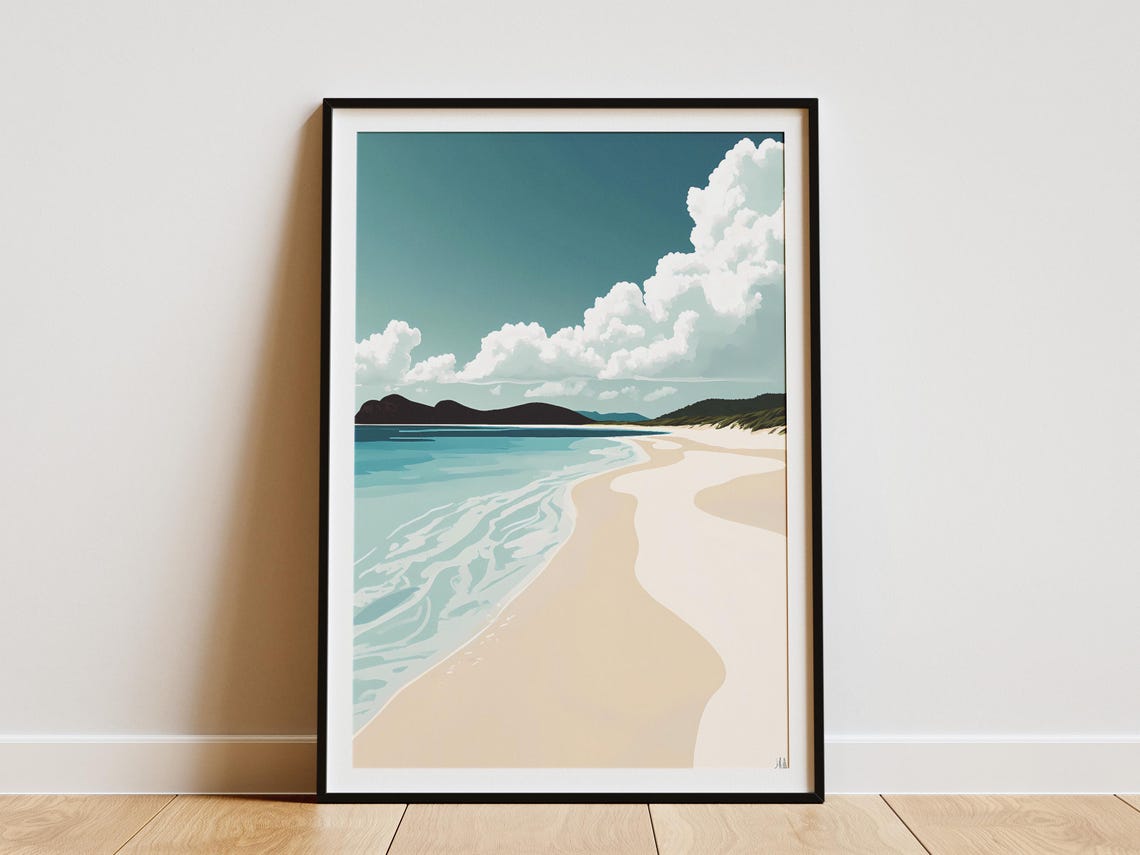 White Sand Beach with Billowing Clouds Coastal Art Poster Scenic
