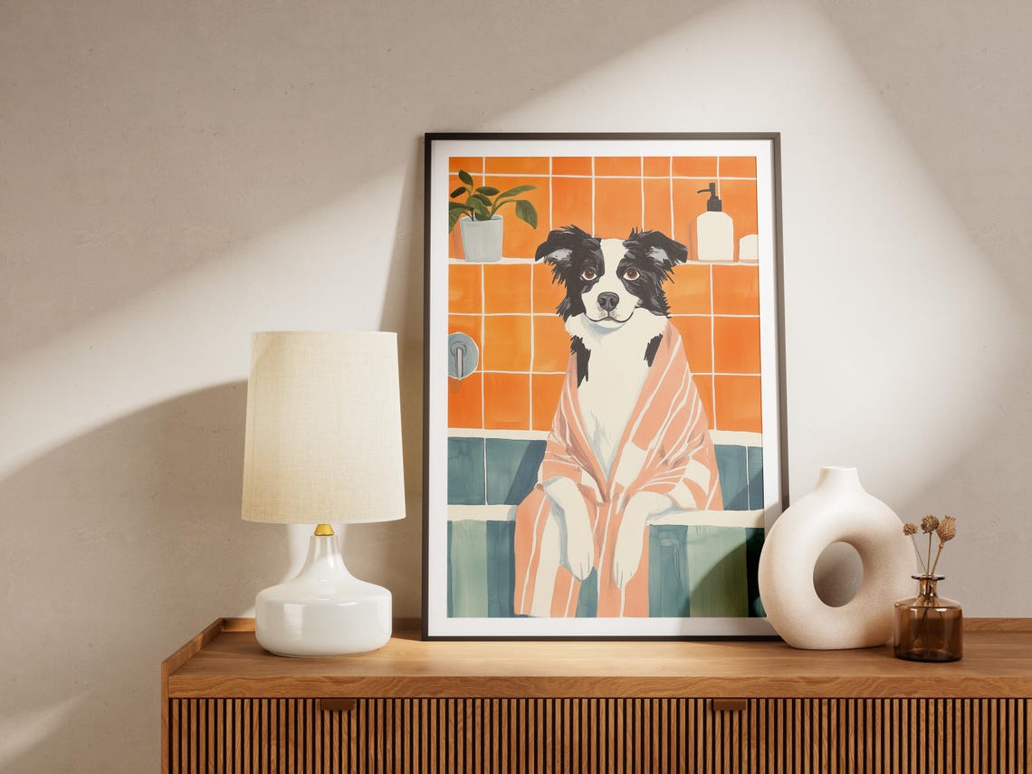 Border Collie In Peach Bathrobe Poster Funny Cute Dog Bathroom Art - Image 4