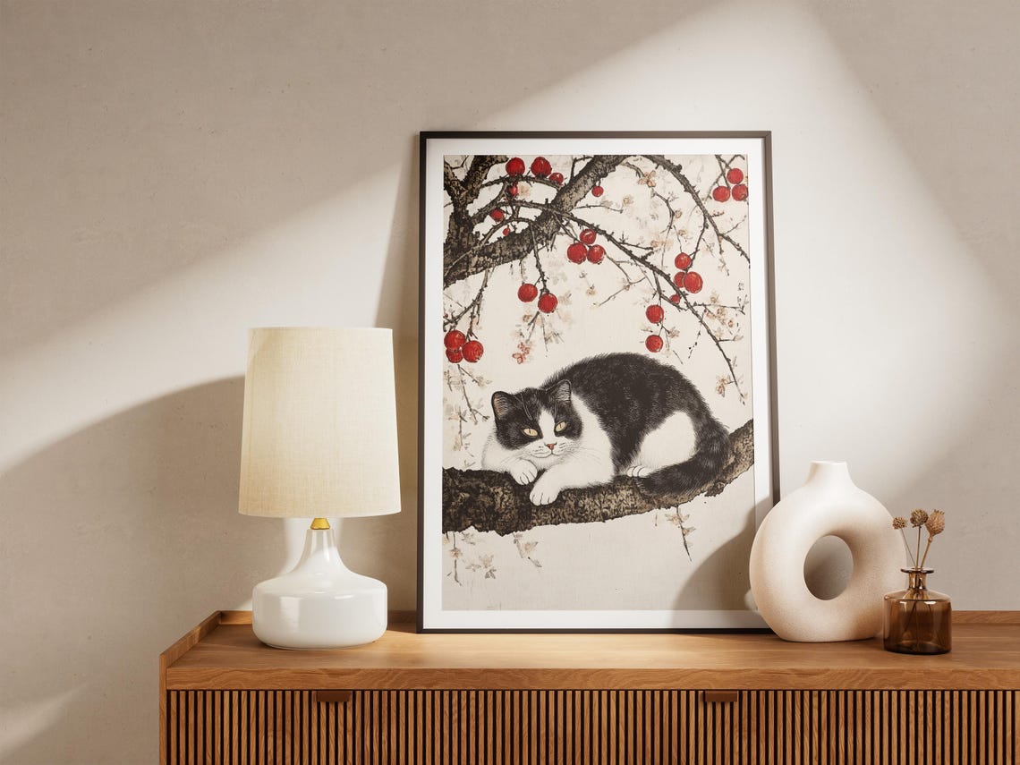 Black and White Cat on Plum Branch Japanese Ink Style Art Poster - Image 5