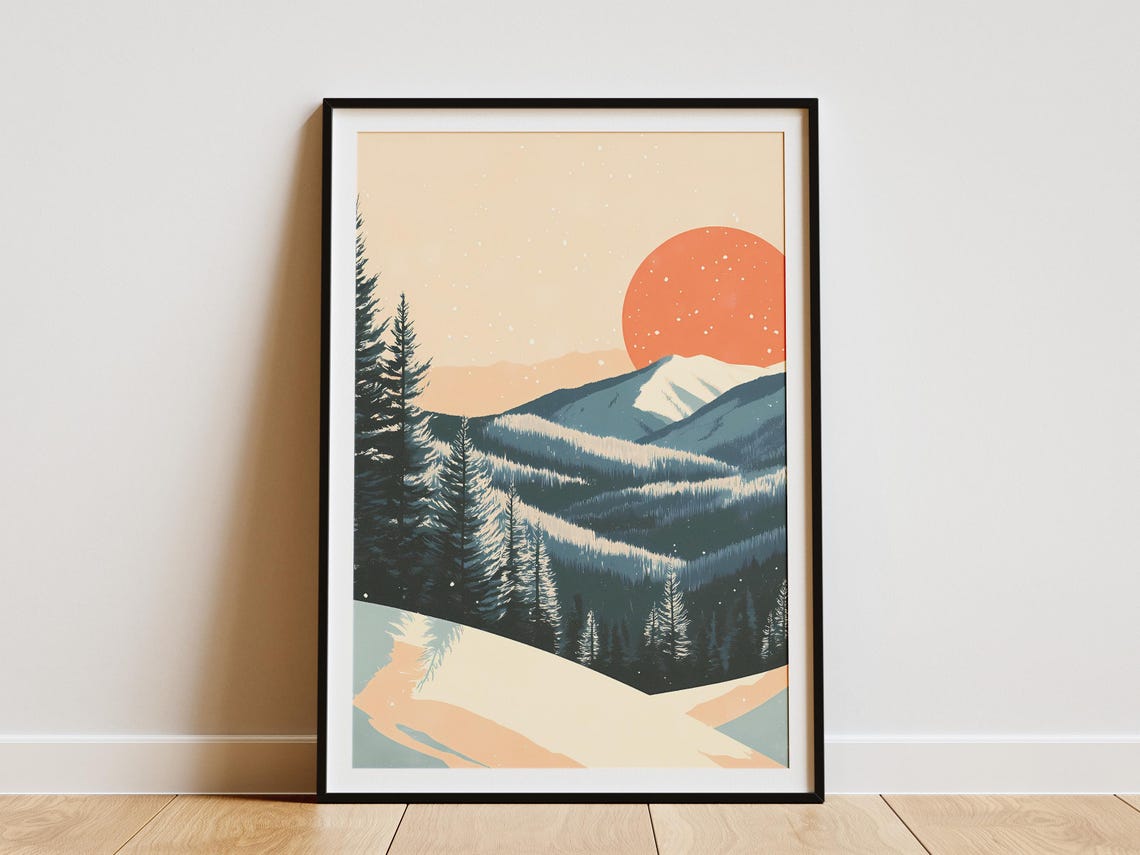 Winter Mountain Landscape Posterabstract Nature Art Printmodern Minimalist Wall Decorforest Scenesnow Mountain Rangeorange Sunsetcozy Home